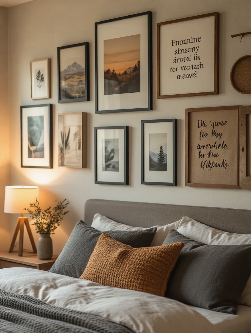 Cozy bedroom wall art featuring personal photographs and abstract pieces