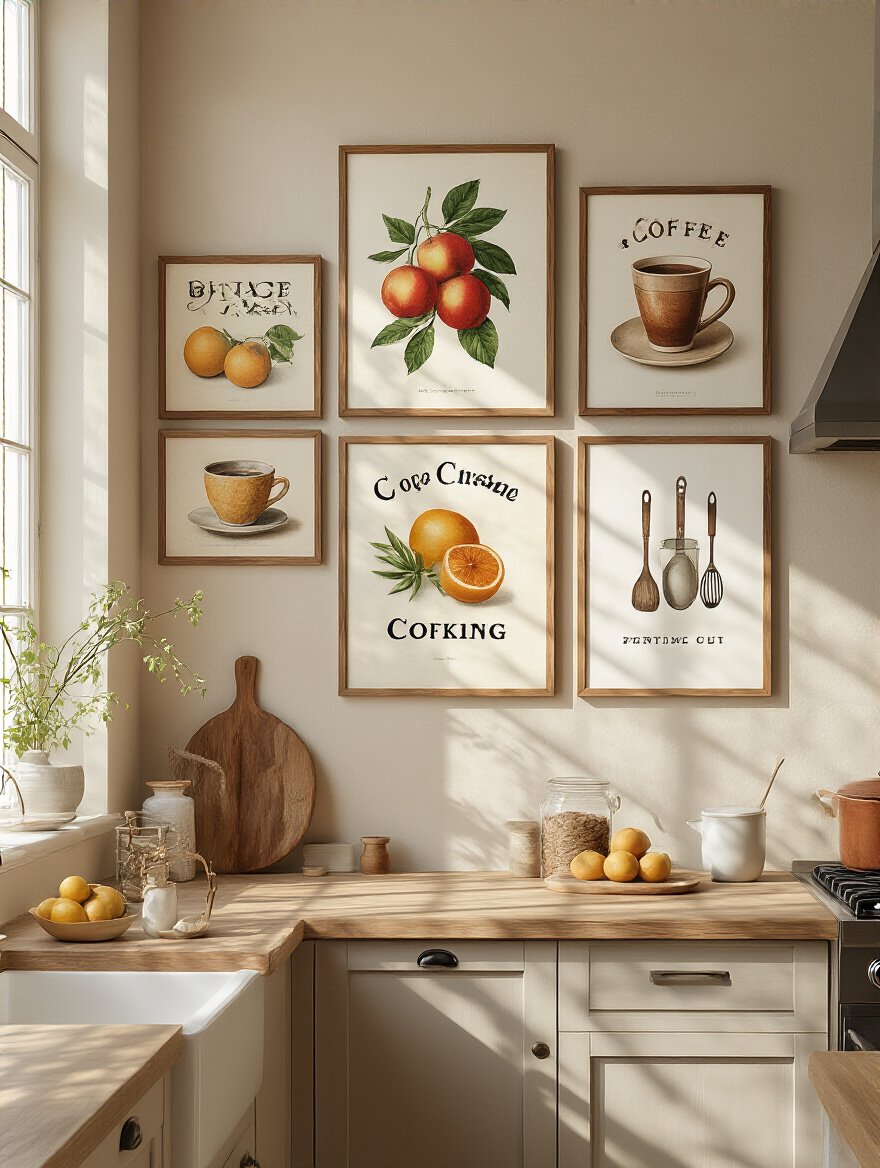Portrait image of a kitchen gallery wall featuring framed culinary art prints with a warm, inviting atmosphere