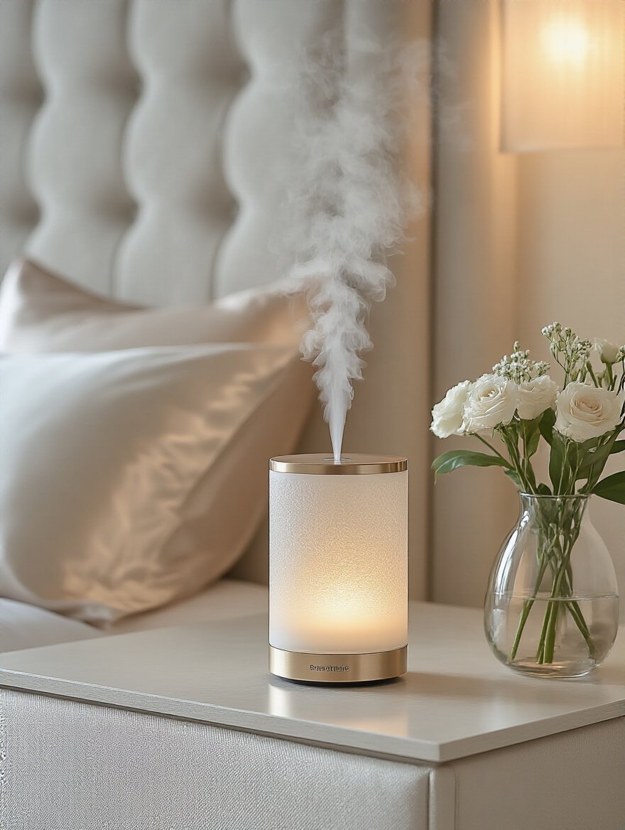 Close-up portrait of a premium aromatic diffuser on a bedside table in a luxury bedroom with soft ambient lighting and elegant decor