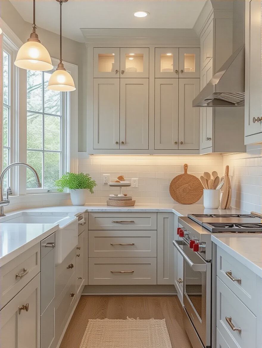 Transformed kitchen cabinets with fresh paint and stylish hardware