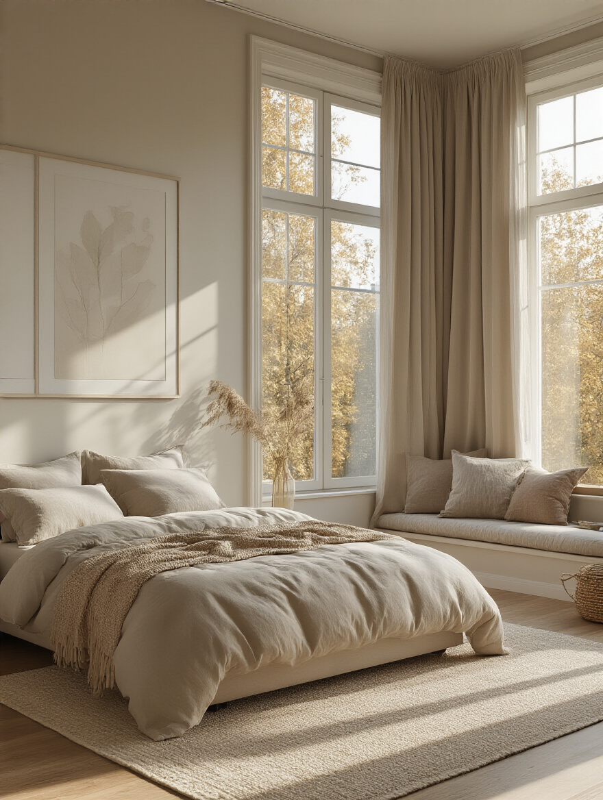 A serene and inviting bedroom showcasing a cohesive aesthetic style.