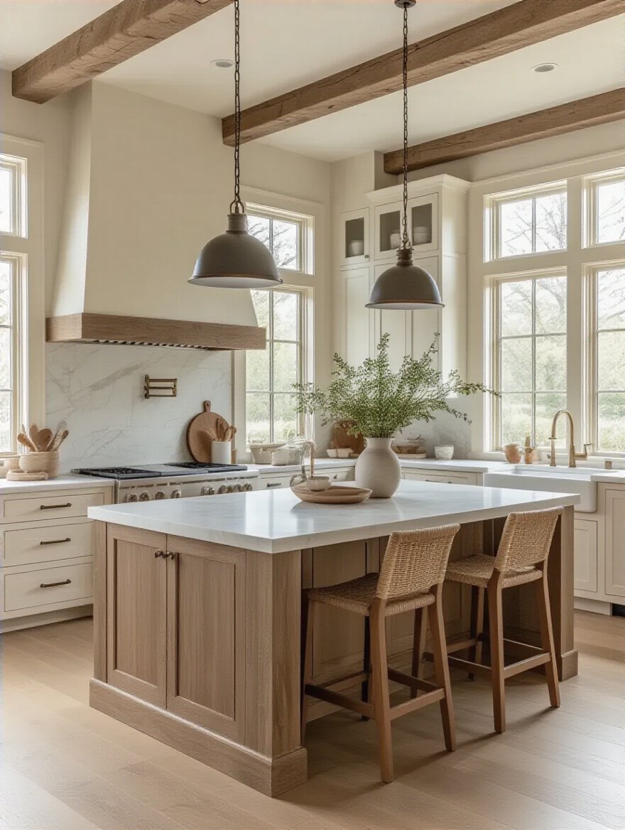 Portrait image of a cohesive kitchen interior showcasing a unified core aesthetic style with harmonious cabinetry and lighting