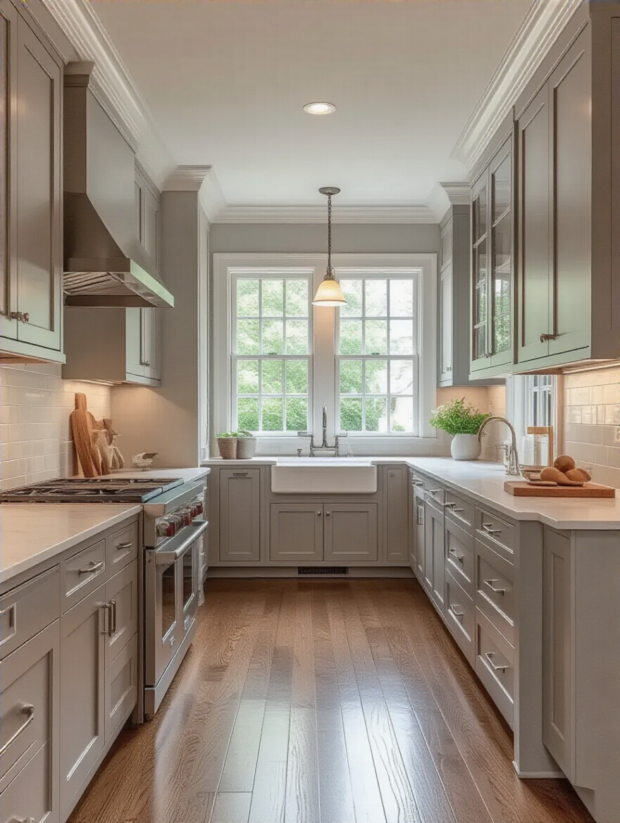 Elegant kitchen with Shaker cabinets in muted gray and rich wood floors
