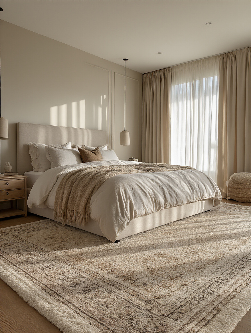 A beautifully decorated bedroom with a large area rug defining the sleeping zone beneath a king-sized bed.
