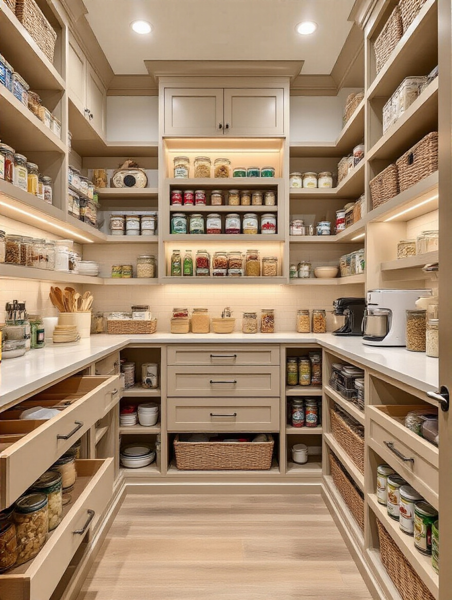 Organized custom pantry with tailored shelving and compartments for food and appliances