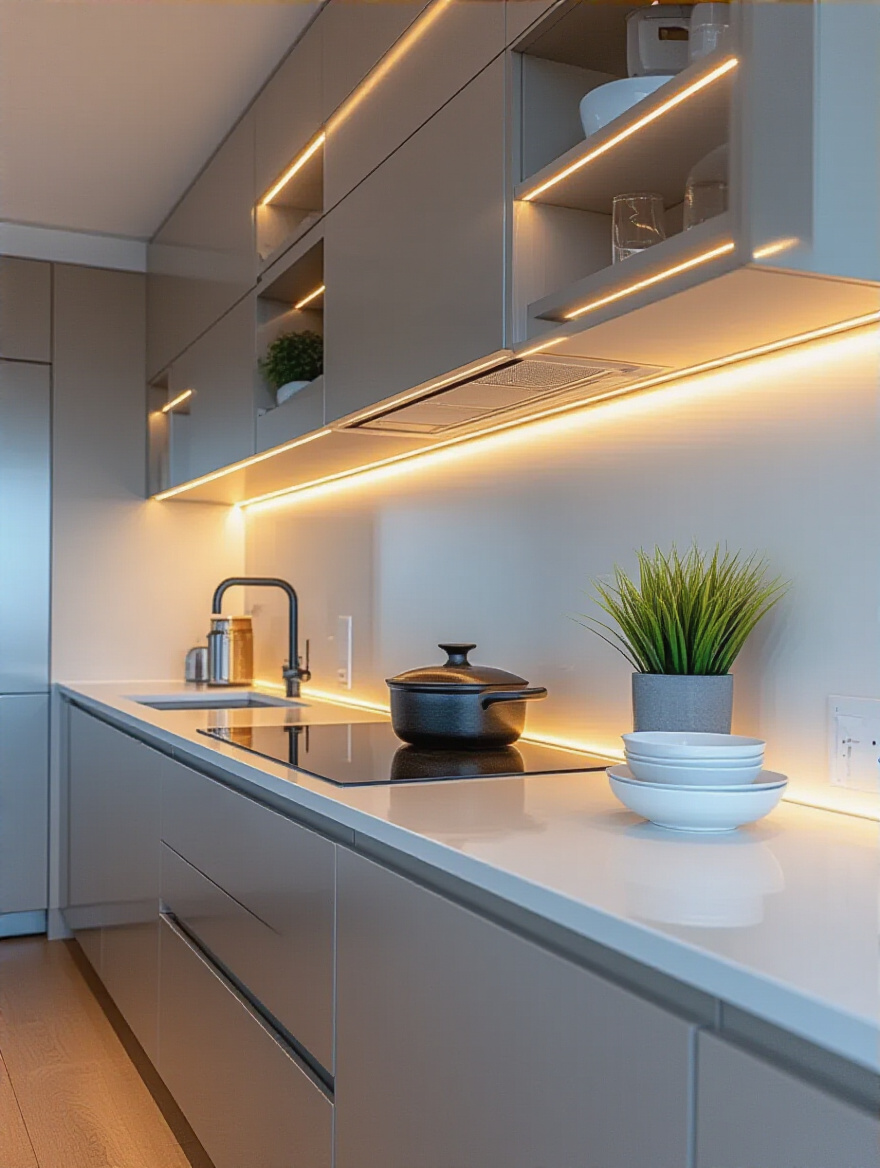 Contemporary minimalist kitchen with integrated LED lighting providing ambient and task illumination