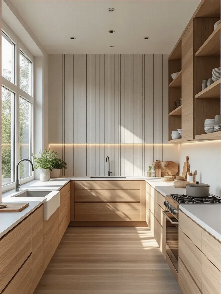 Modern kitchen with a vertical striped feature wall in subtle gray and white tones, no people