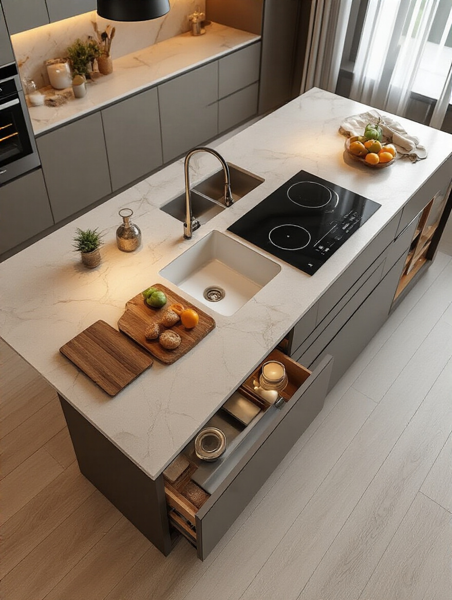 Professional photo of a multi-functional kitchen island in a modern kitchen.