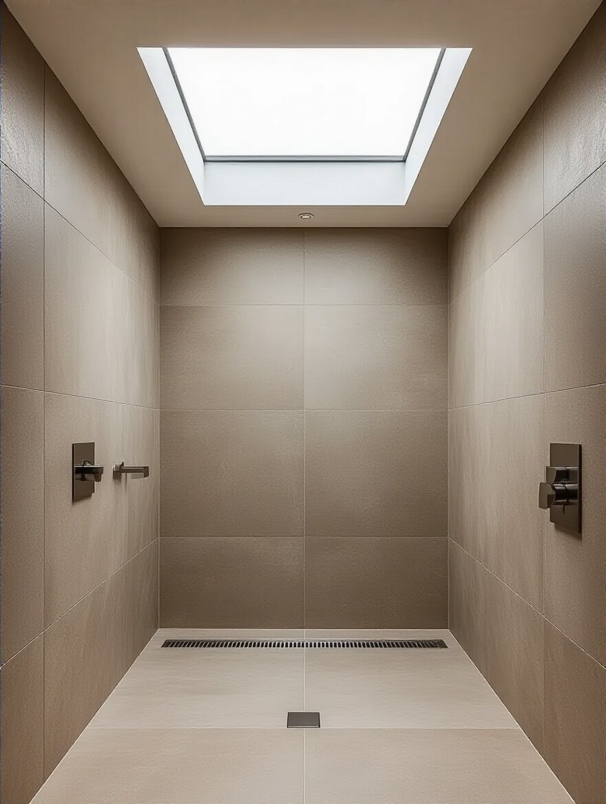 Seamless walk-in wet room with contemporary design and natural lighting