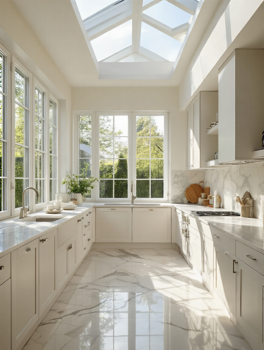Modern kitchen filled with natural light from large windows and skylights.