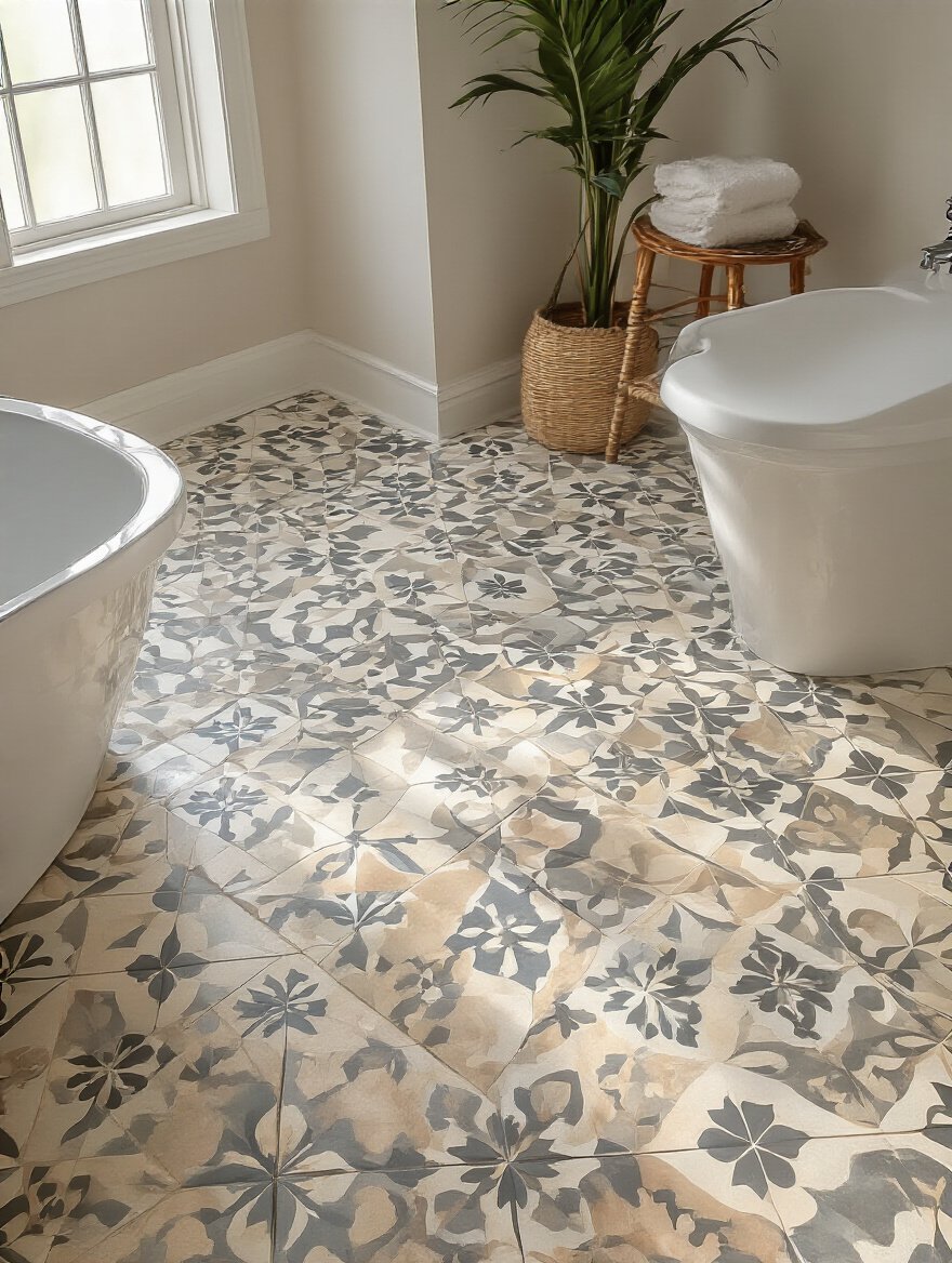 A beautifully designed bathroom floor with large format tiles showcasing optimal tile size for room proportions.