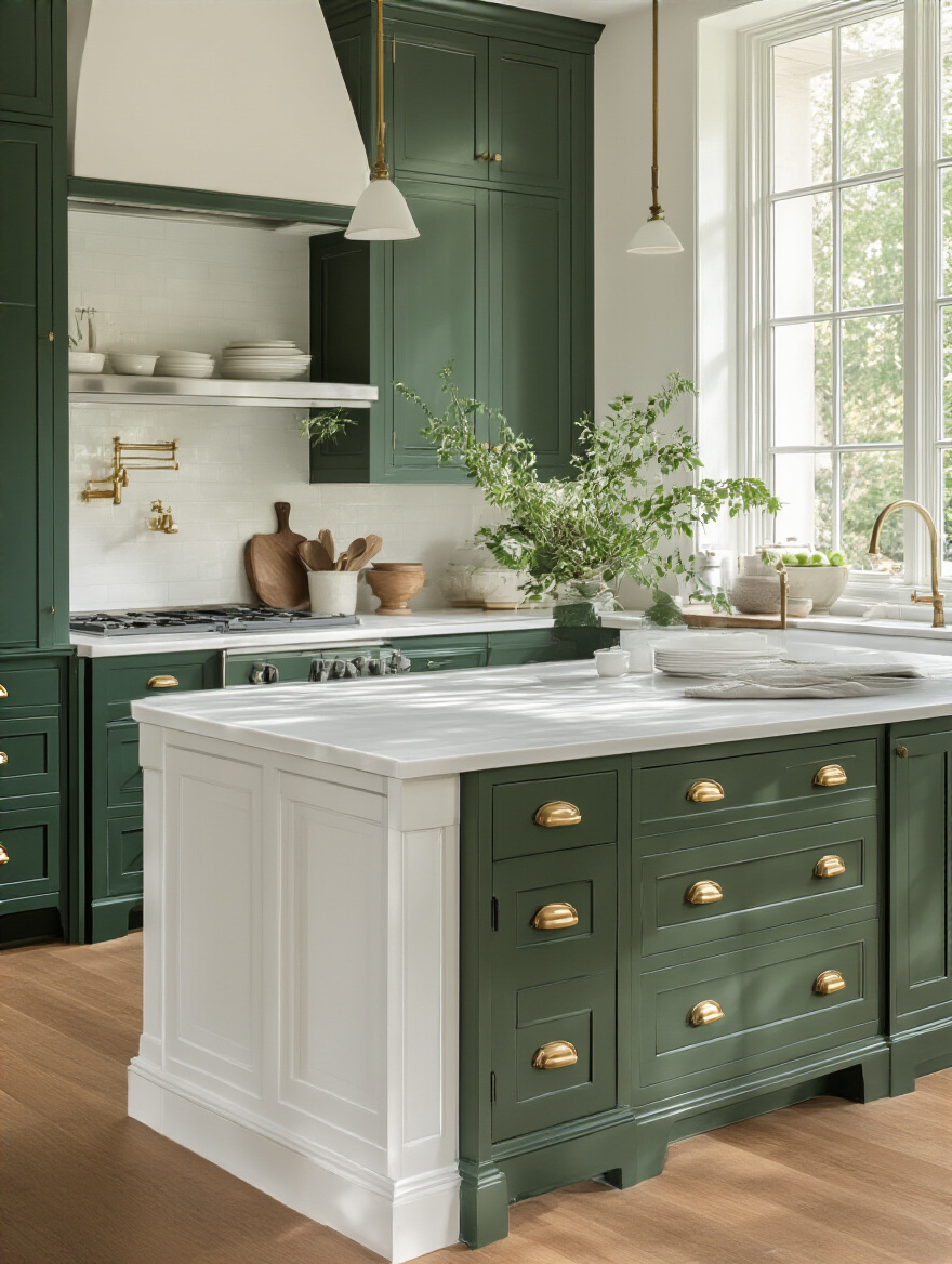 A serene kitchen with a forest green island and brass hardware in a bright white setting.