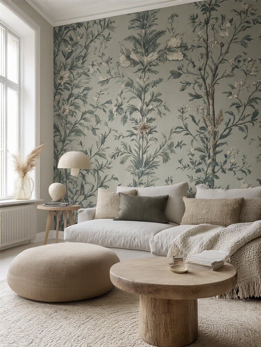 Living room with accent wall showing peel-and-stick and traditional paste wallpaper