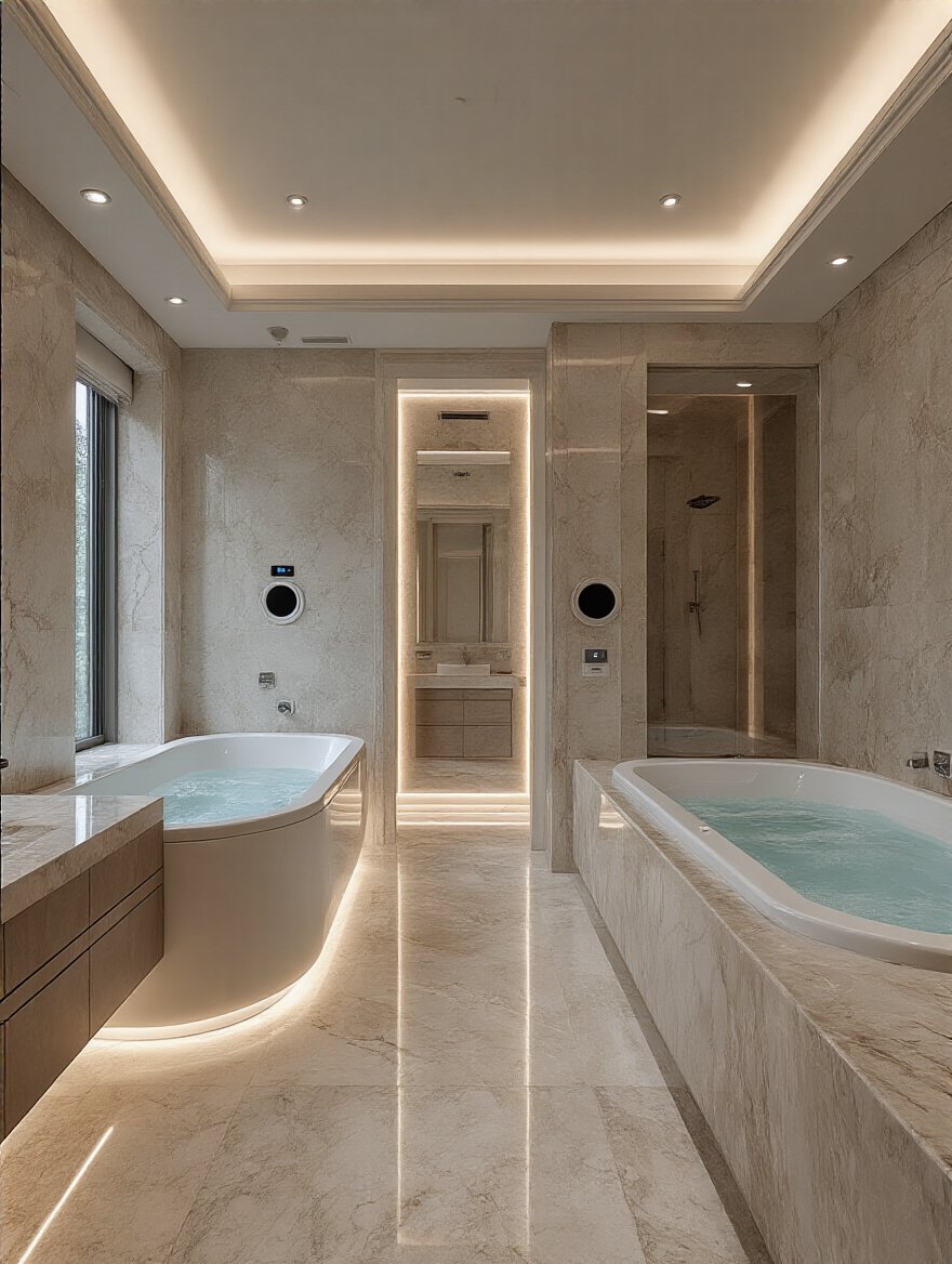 Luxurious bathroom with embedded premium sound systems and ambient lighting.