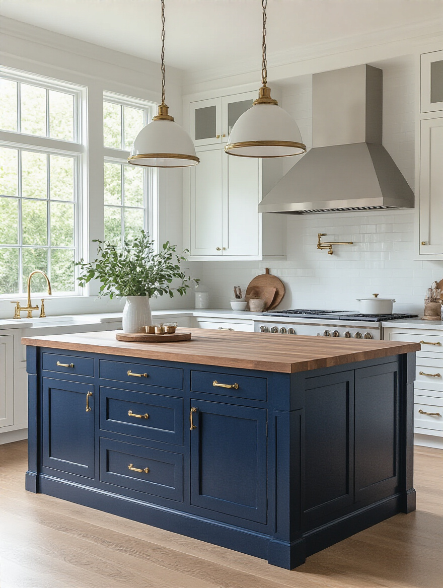 Navy blue kitchen island against white cabinetry