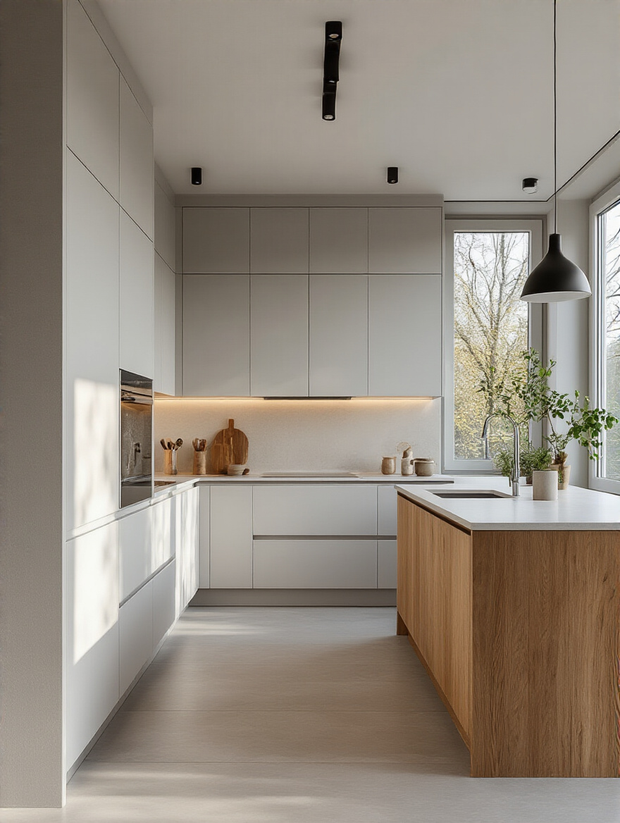 Modern minimalist kitchen with integrated storage and natural lighting