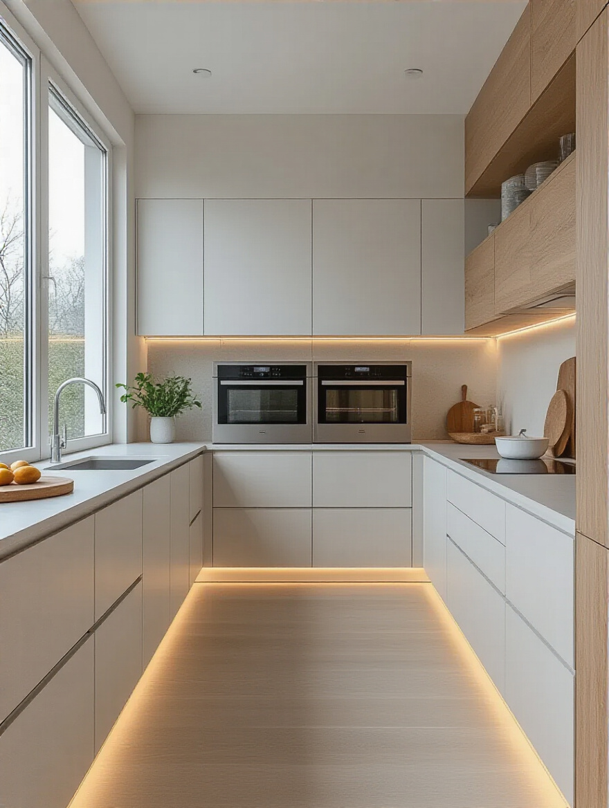 Portrait image of a minimalist contemporary kitchen with integrated appliances and clutter-free surfaces