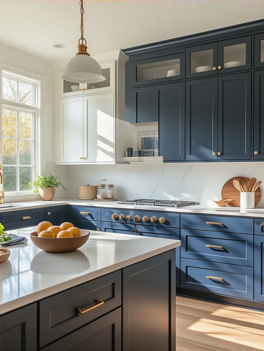 Modern kitchen with two-tone cabinetry in soft white and deep navy blue.