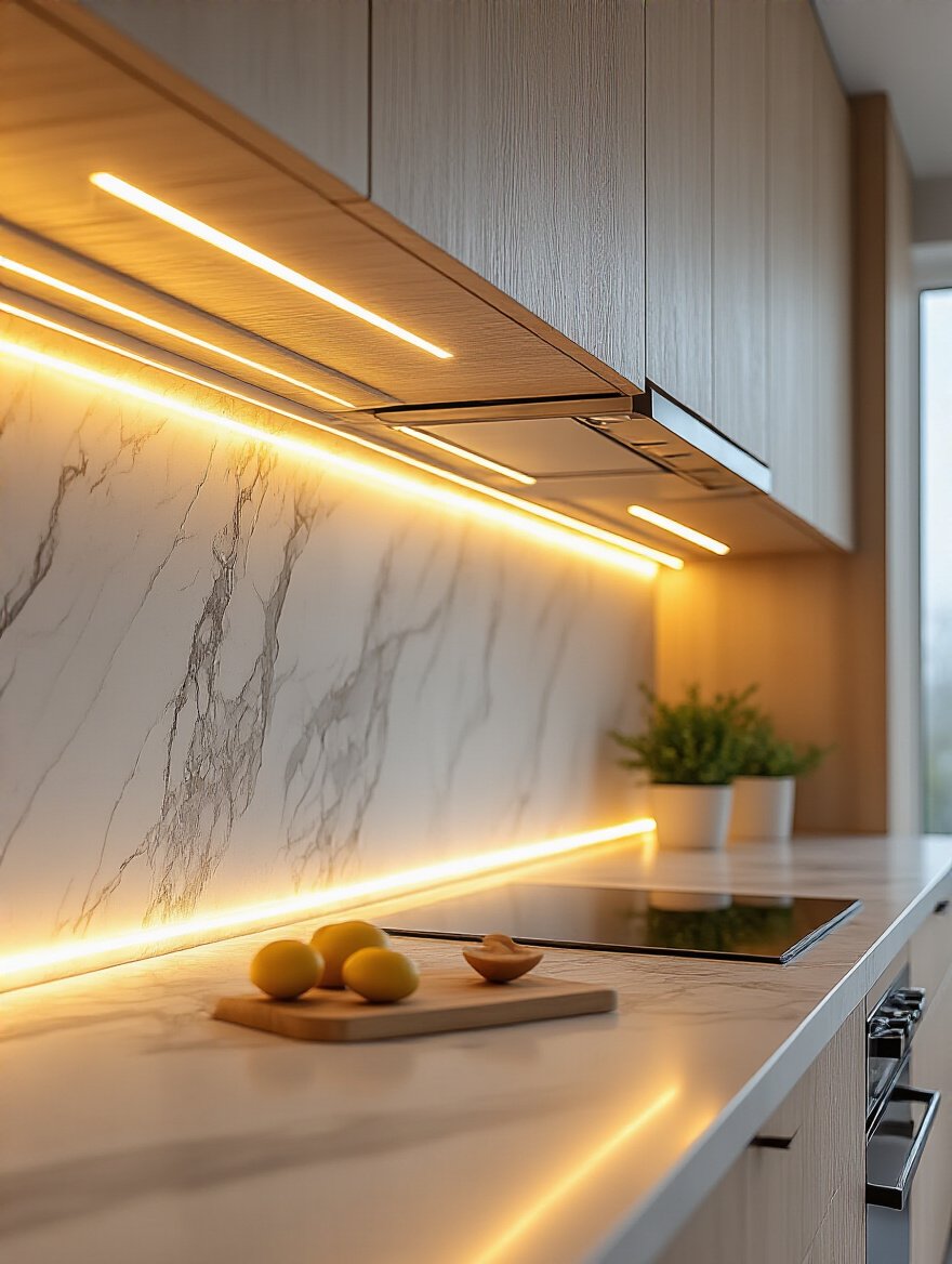 Modern kitchen interior with warm white LED strip lighting under cabinets highlighting marble backsplash and wooden cabinetry