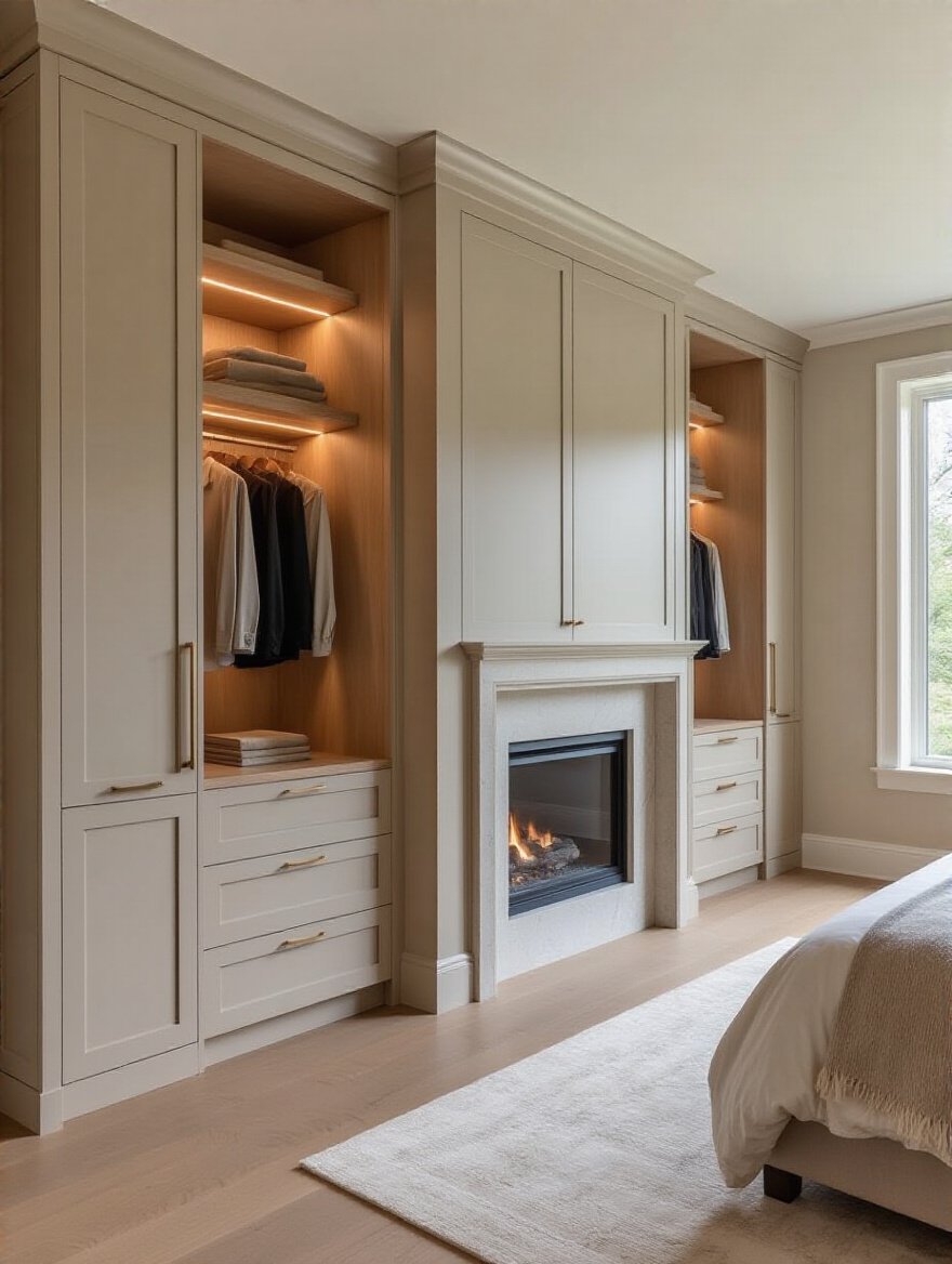 Luxury bedroom with custom built-in floor-to-ceiling storage wardrobes flanking a fireplace, showcasing discreet and elegant storage solutions