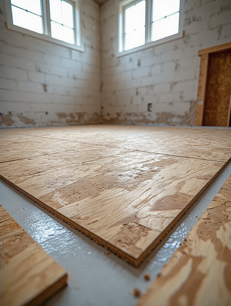 A detailed view of a properly prepared bathroom subfloor with plywood and cement backer board.