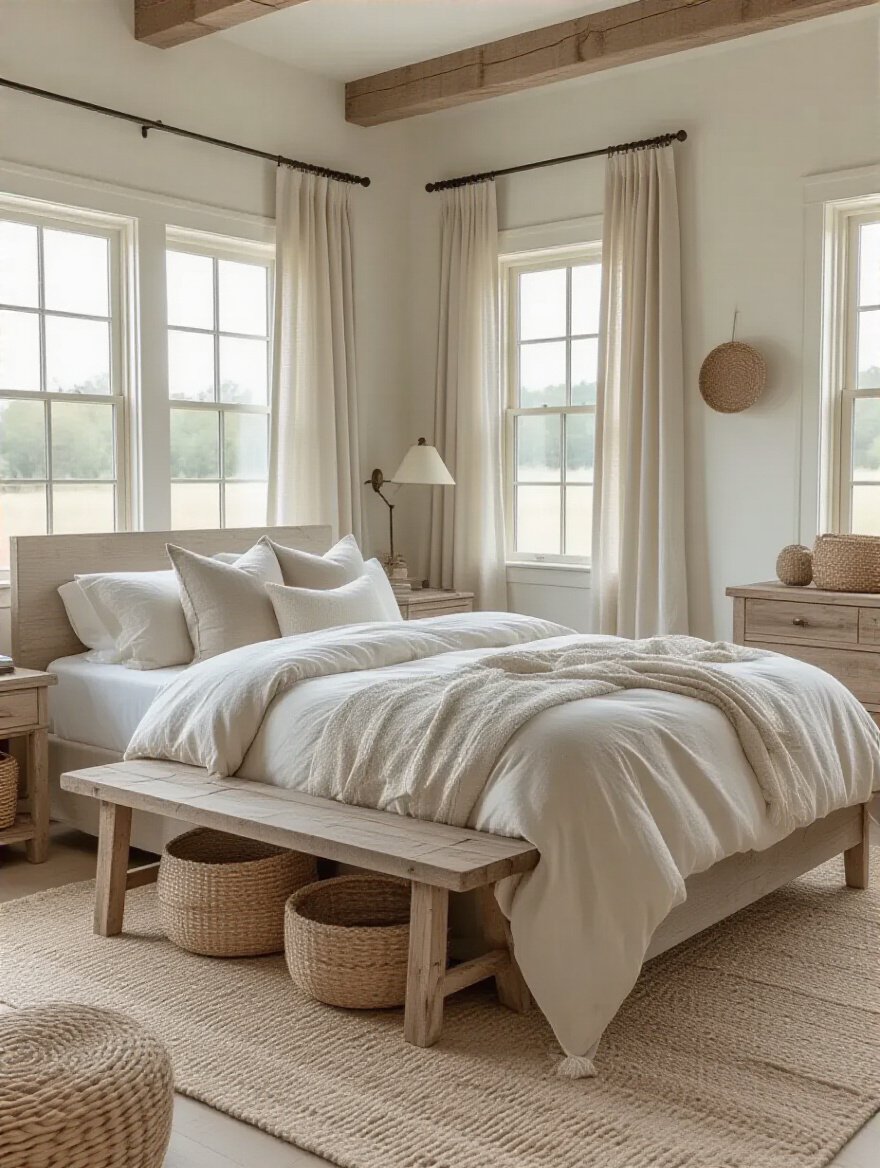 Farmhouse bedroom with a warm neutral color palette, layered textures, and natural materials, illuminated by soft natural light