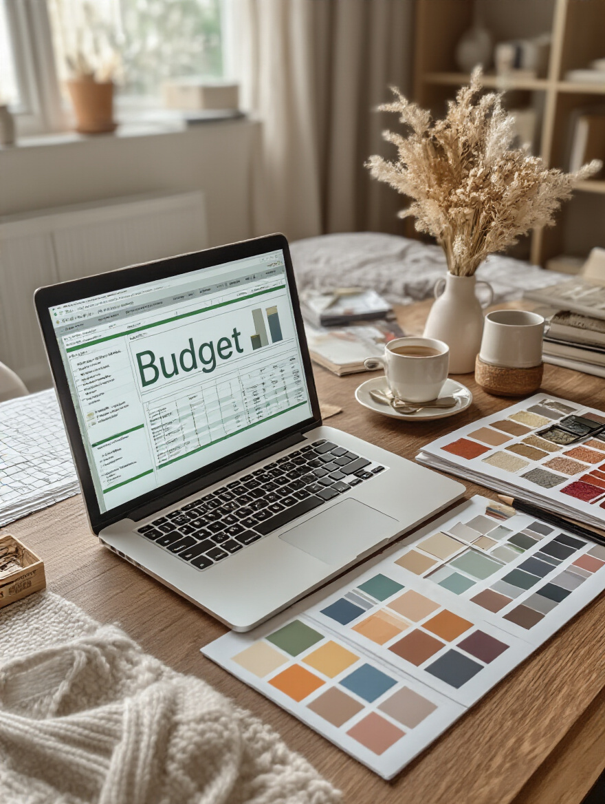 A cozy bedroom workspace for budgeting with a laptop and design materials