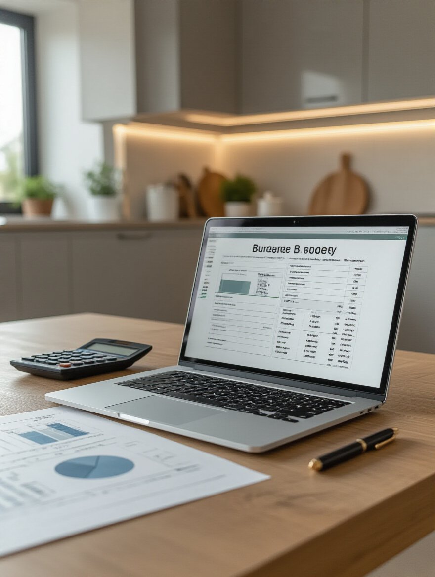 Modern kitchen workspace with budgeting materials and a contemporary kitchen background for smart design decision making