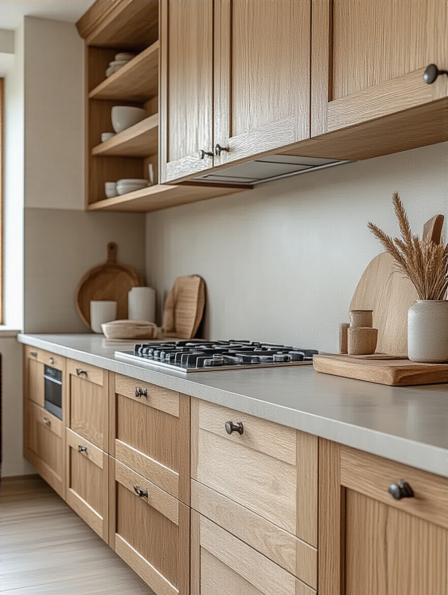 Beautifully designed kitchen showcasing various cabinet materials including solid wood, plywood, and MDF.