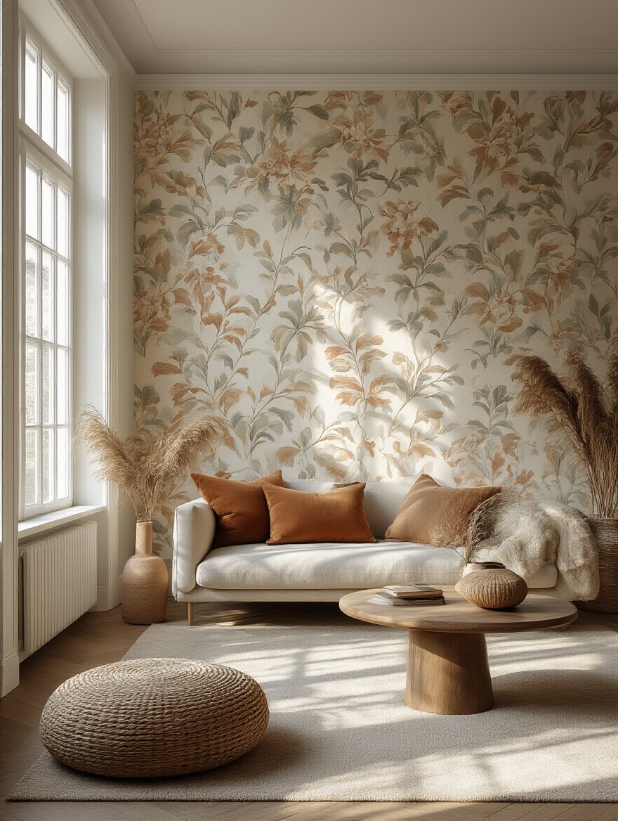 Living room with wallpaper accent wall illuminated by natural light
