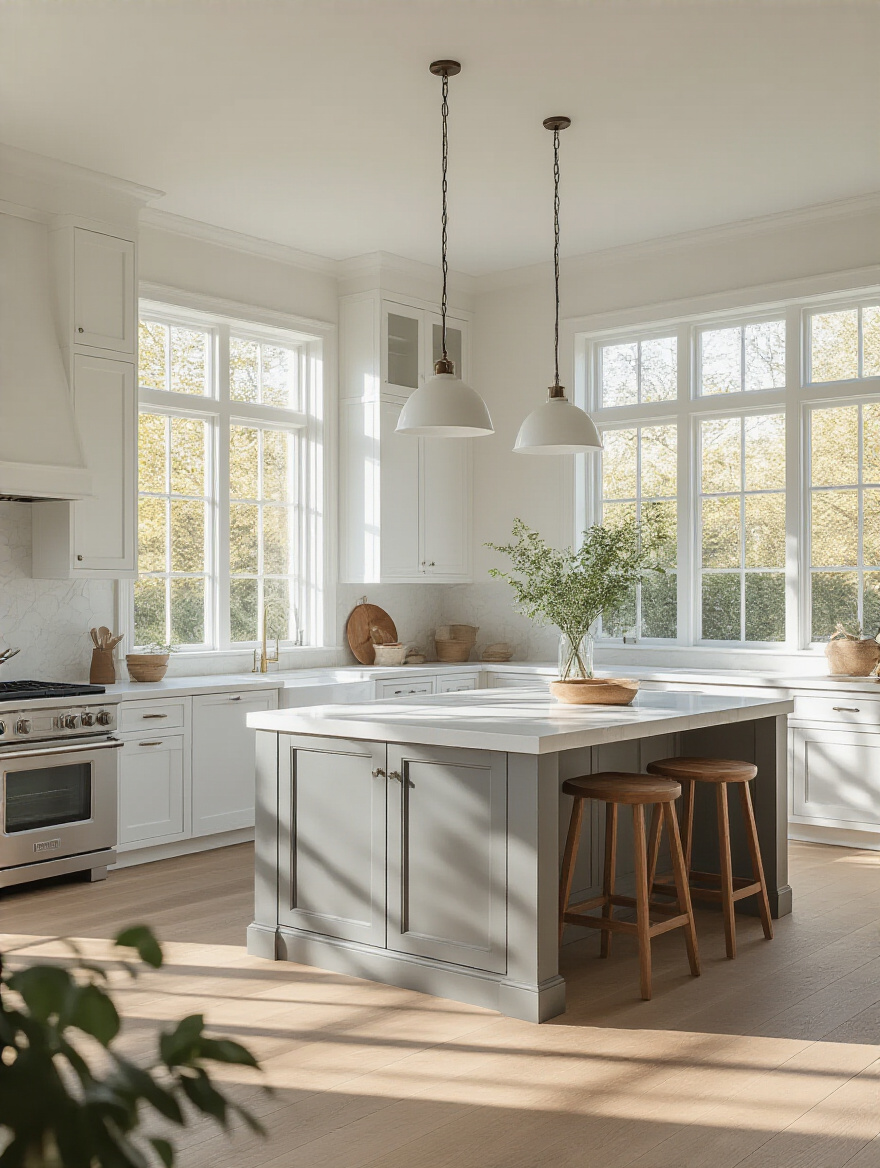 A white kitchen with a central island, showcasing natural light effects on color perception.