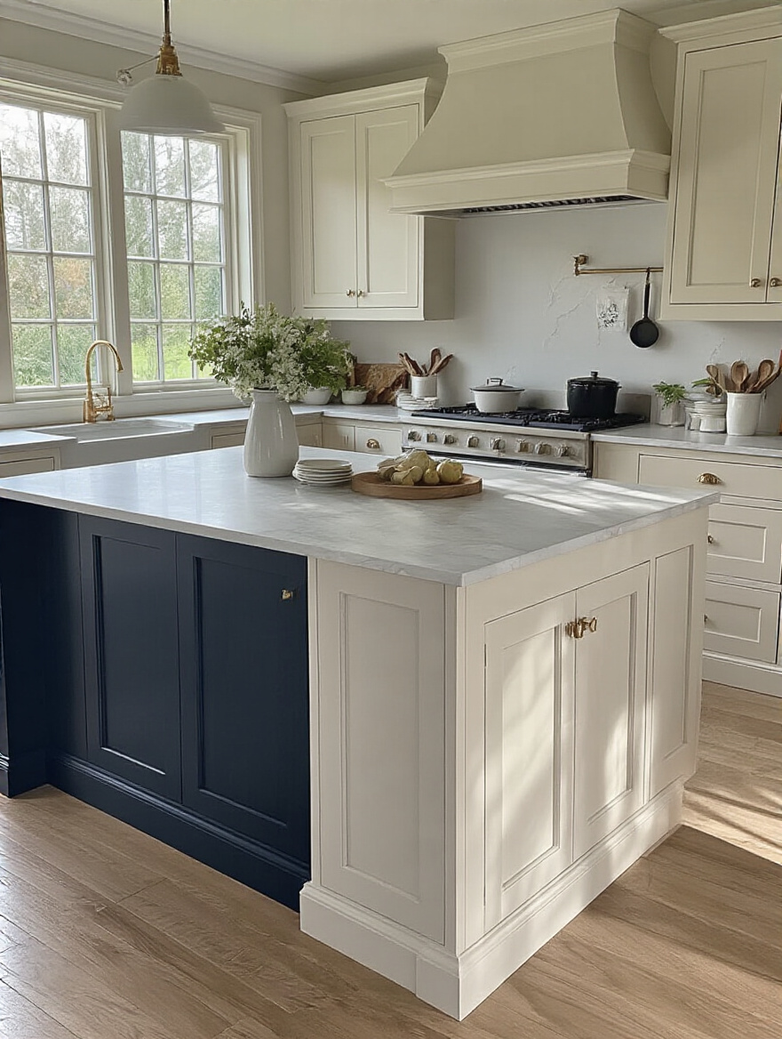 Two-tone painted kitchen island in a white kitchen, showcasing light and dark color contrast