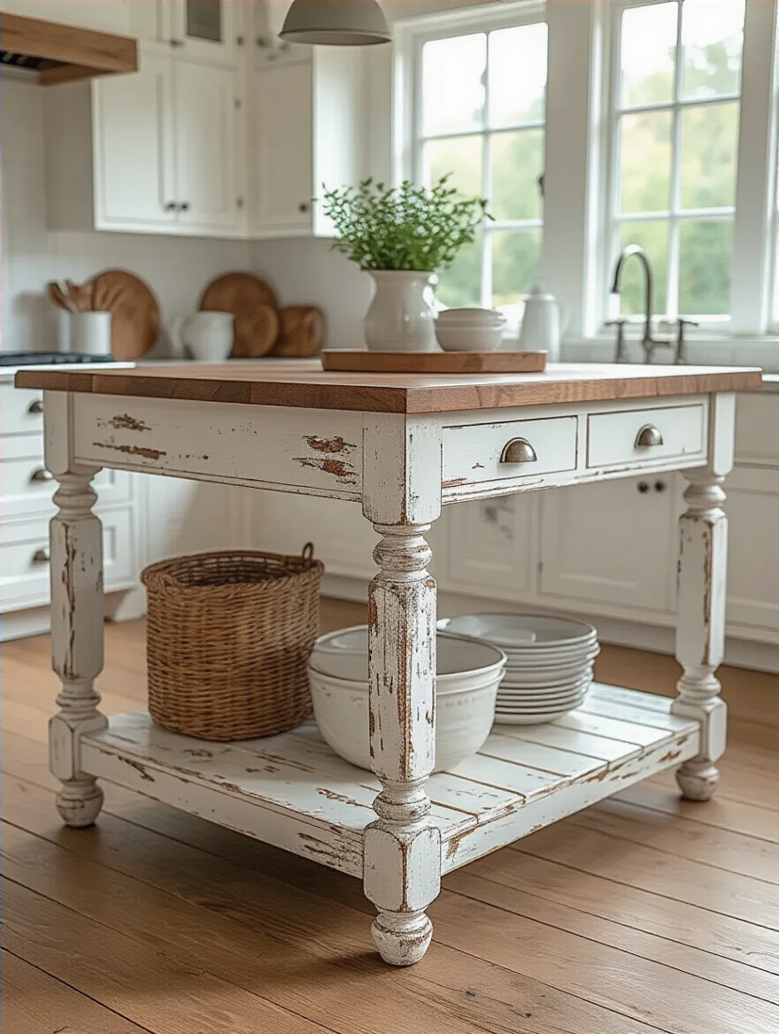 Distressed kitchen island in a white farmhouse kitchen