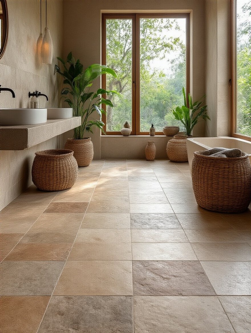 Eco-friendly bathroom floor tiles showcasing sustainable design.