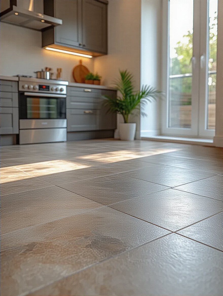 Close-up portrait view of durable and beautiful porcelain tile kitchen flooring with natural slate look in a modern kitchen setting