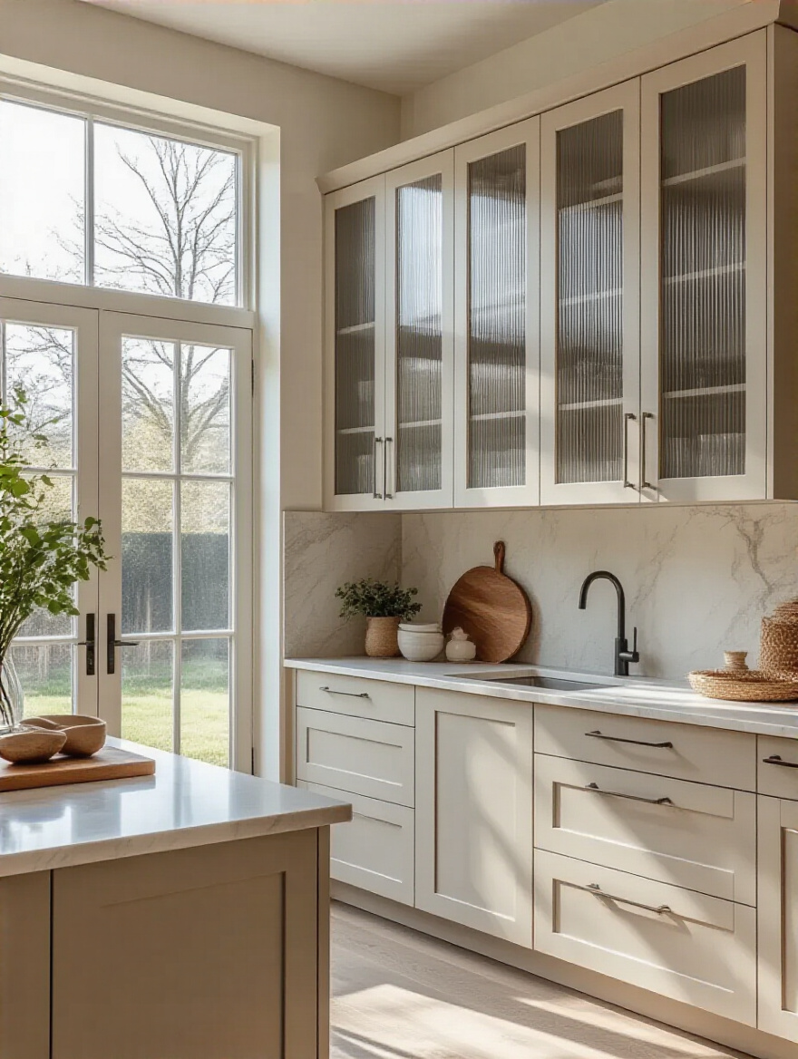 Modern kitchen with unique cabinet door styles featuring fluted glass and integrated handles