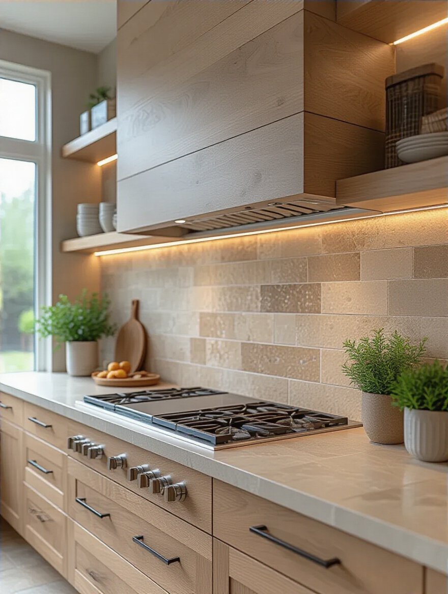 Modern kitchen with extended backsplash tiling running from countertop to ceiling creating a cohesive visual statement