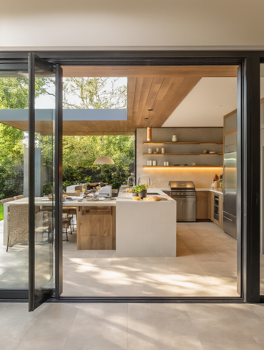 Modern contemporary kitchen with seamless indoor-outdoor flow opening to alfresco dining area through large bifold doors