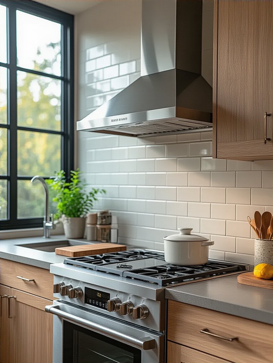 Modern kitchen wall with heat and moisture resistant porcelain tile backsplash and stainless steel accents