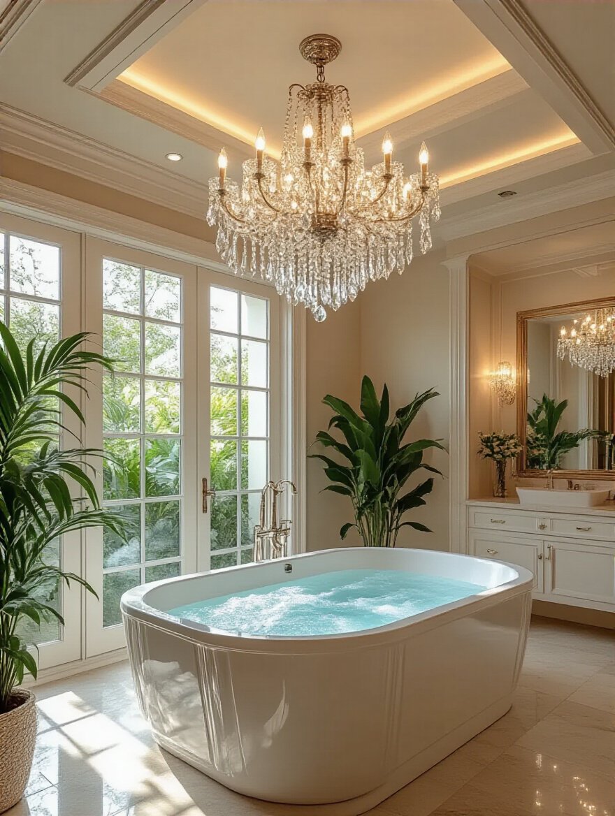 Opulent luxury bathroom featuring a stunning chandelier and elegant decor.