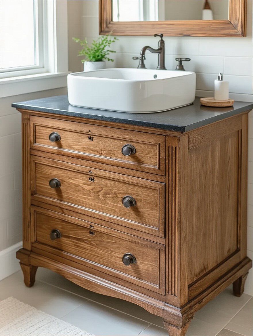 Unique bathroom vanity base converted from antique wooden dresser with vessel sink and waterproof finish