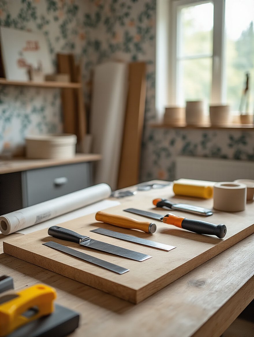 Organized DIY wallpaper tools on a workbench for home improvement project