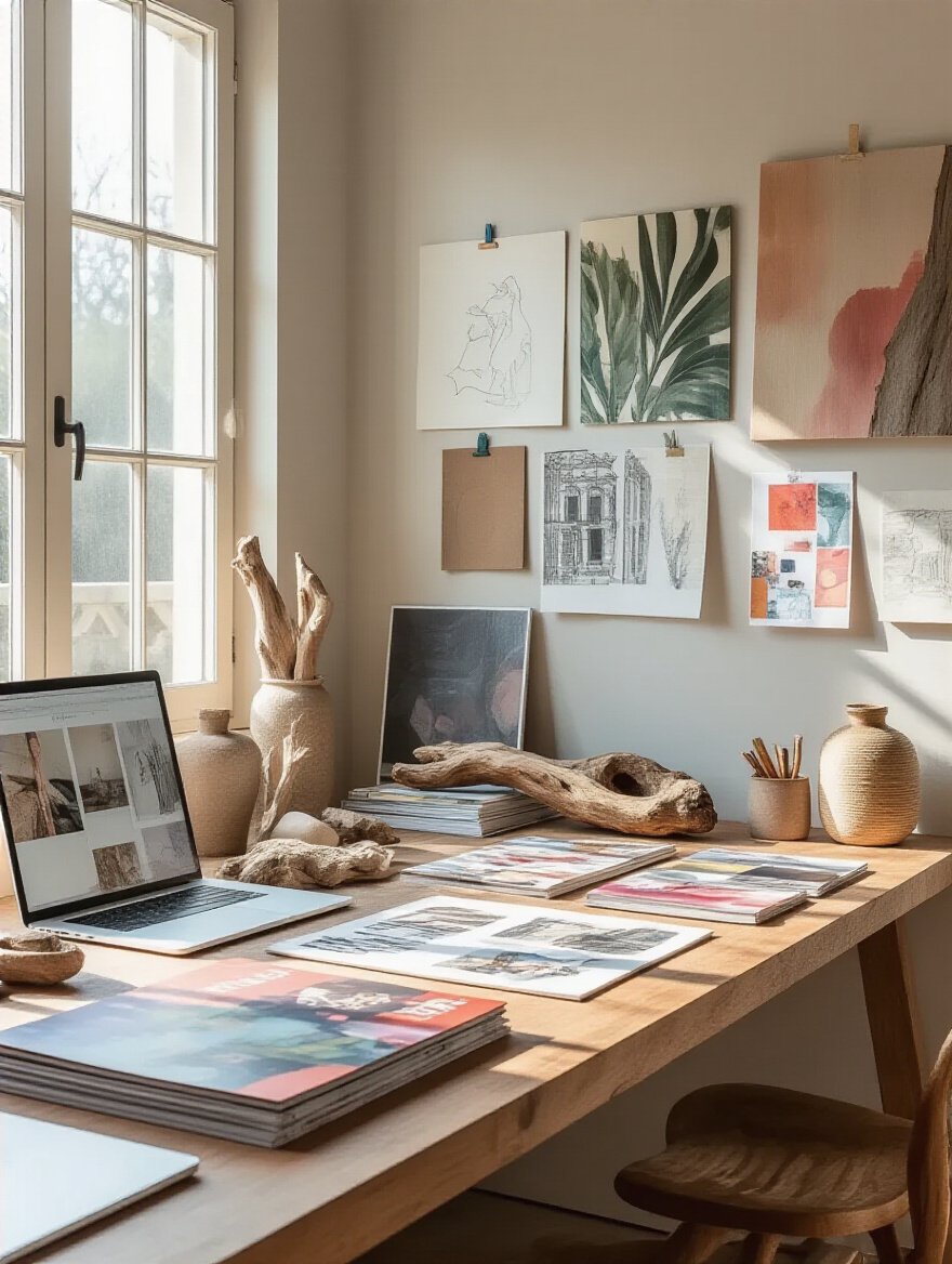 Workspace with diverse visual inspiration materials for unique kitchen design elements, featuring art prints, natural textures, and mood boards