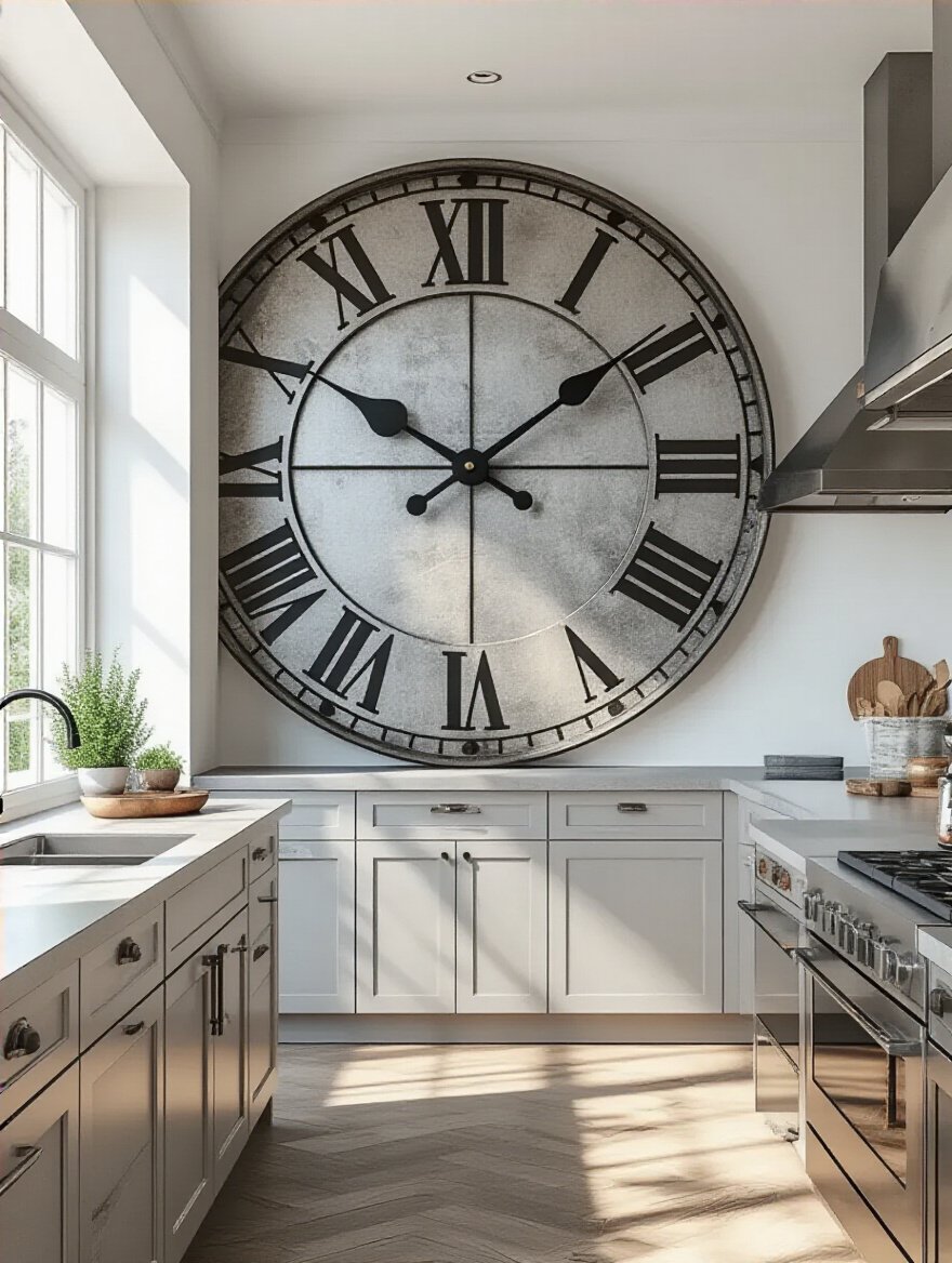 Modern kitchen with an oversized industrial-style wall clock as a focal point