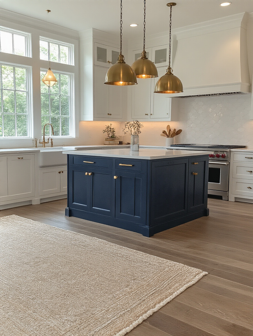 Stylish kitchen with navy island and harmonious brass lighting fixtures
