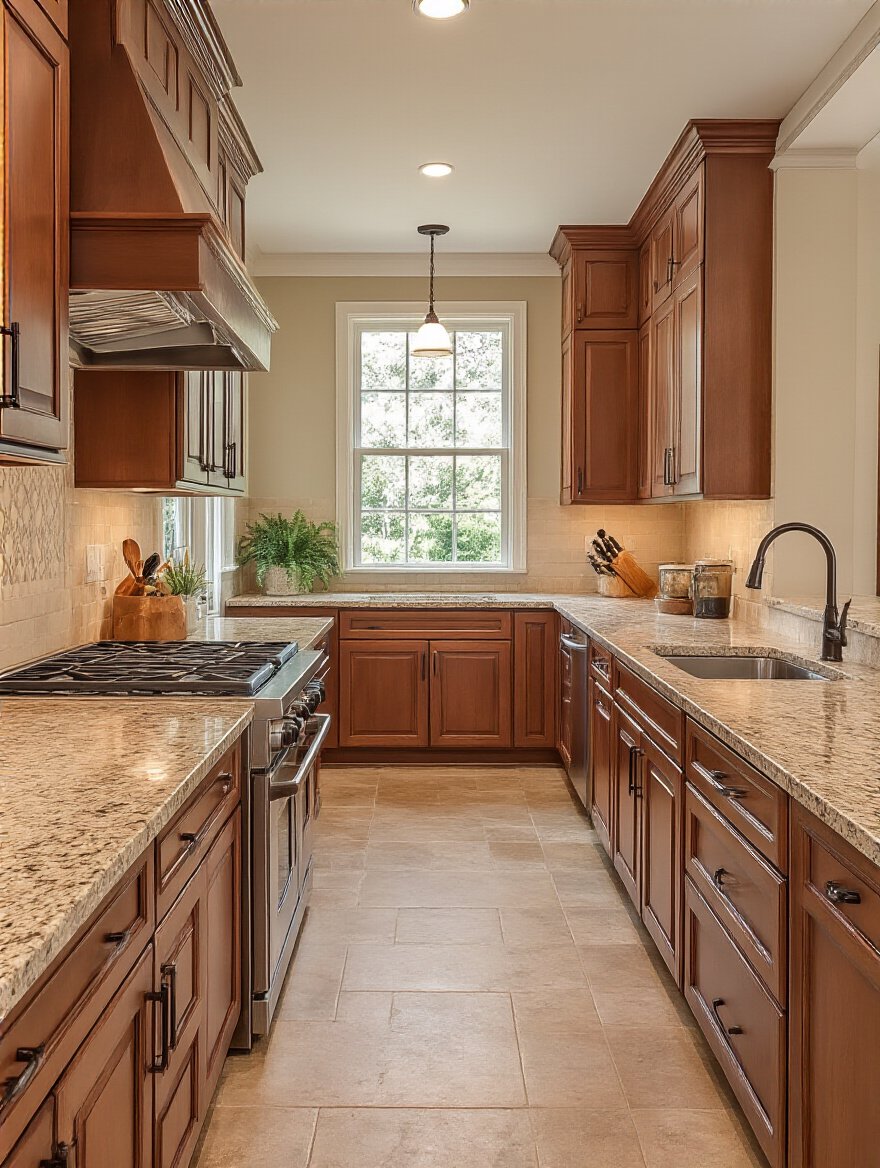 Modern kitchen with pale greige walls harmonizing with warm cherry wood cabinets and speckled granite countertops