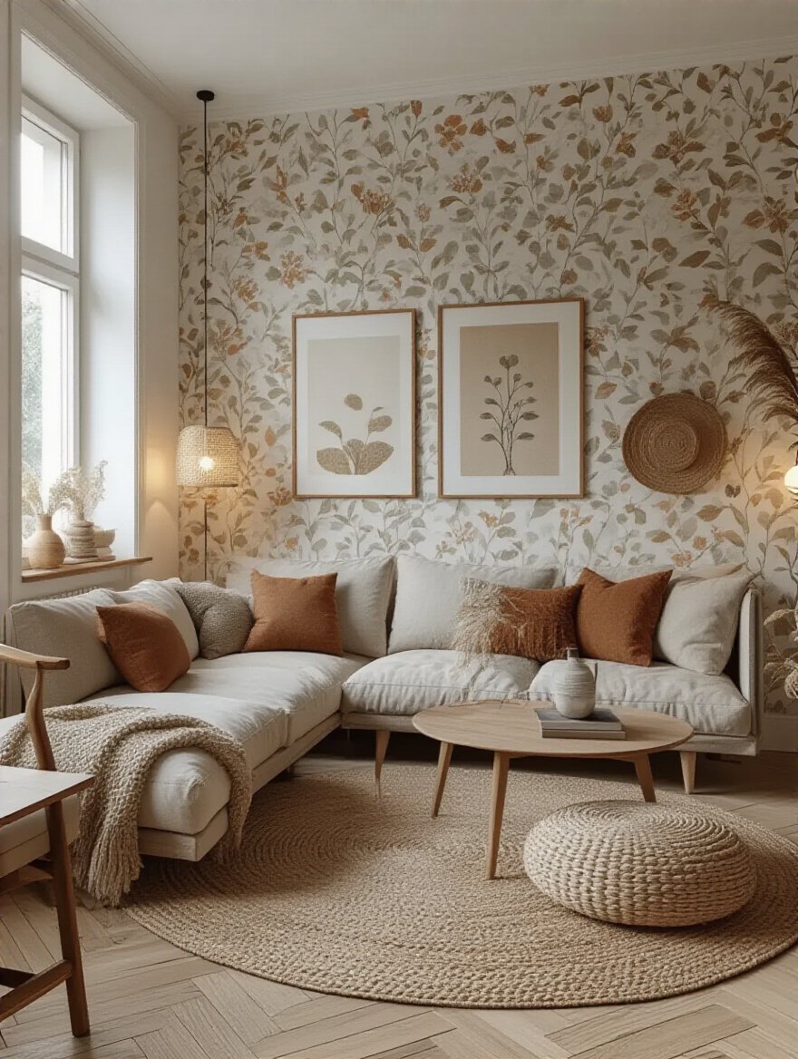 A stunning living room with a harmonious wallpaper accent wall and cohesive decor.