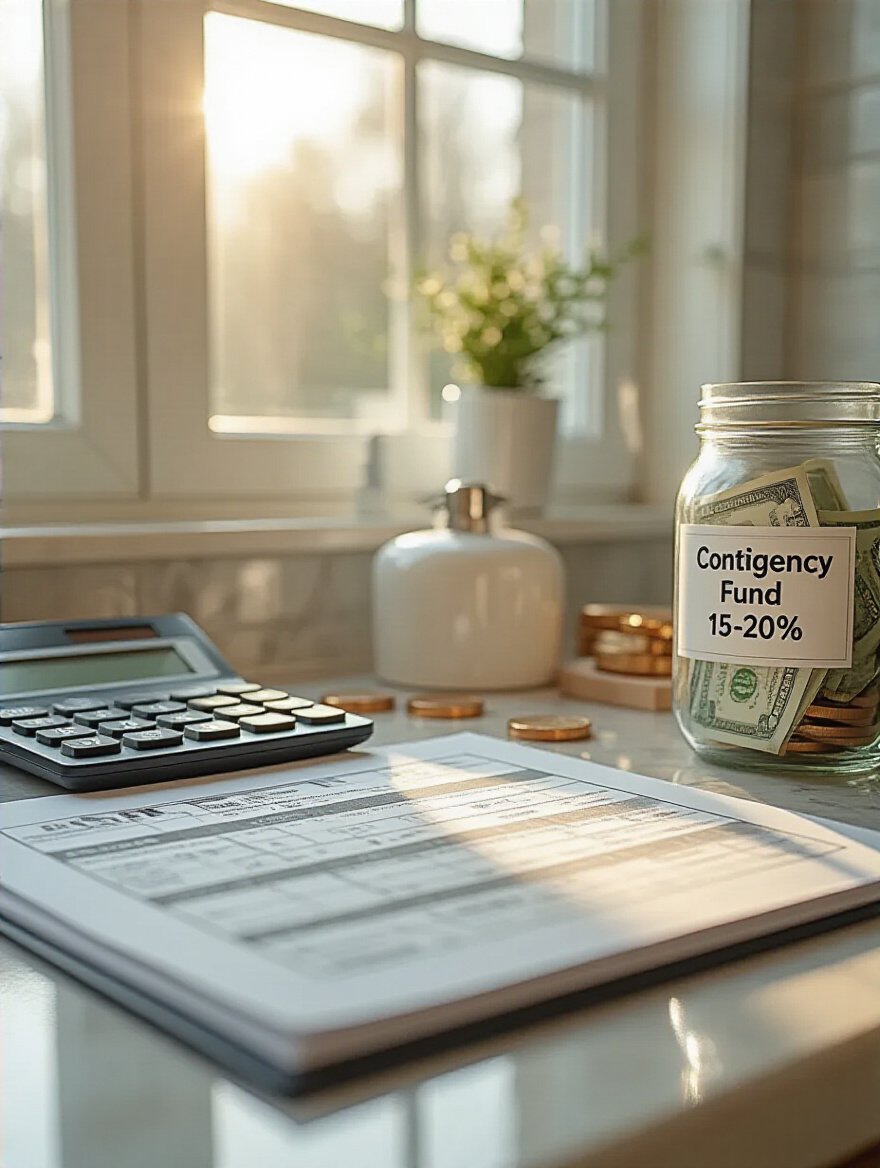 Close-up of a budgeting workspace with a calculator, spreadsheet, and a jar labeled 'Contingency Fund 15-20%' for bathroom remodel budget planning