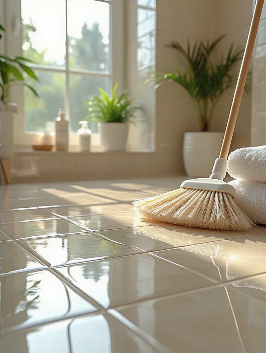 Pristine bathroom floor tiles illuminated by natural light, showcasing a daily cleaning routine.