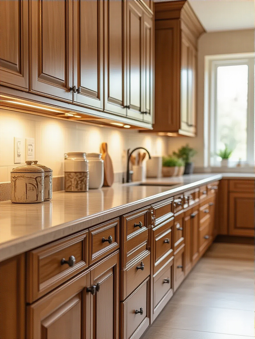 Well-maintained wooden kitchen cabinets with warm lighting